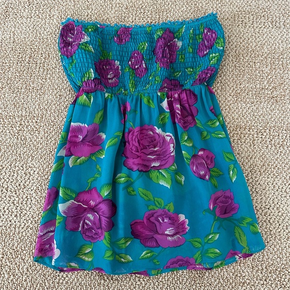 Betsey Johnson Turquoise Fuchsia Floral Silk Tube Top 0 - Picture 1 of 6